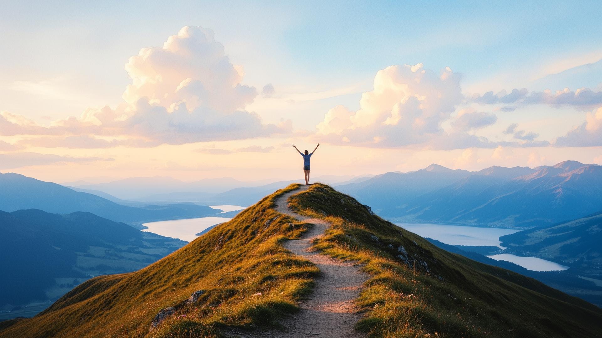 A person standing on a mountain peak with arms raised in joy at sunrise